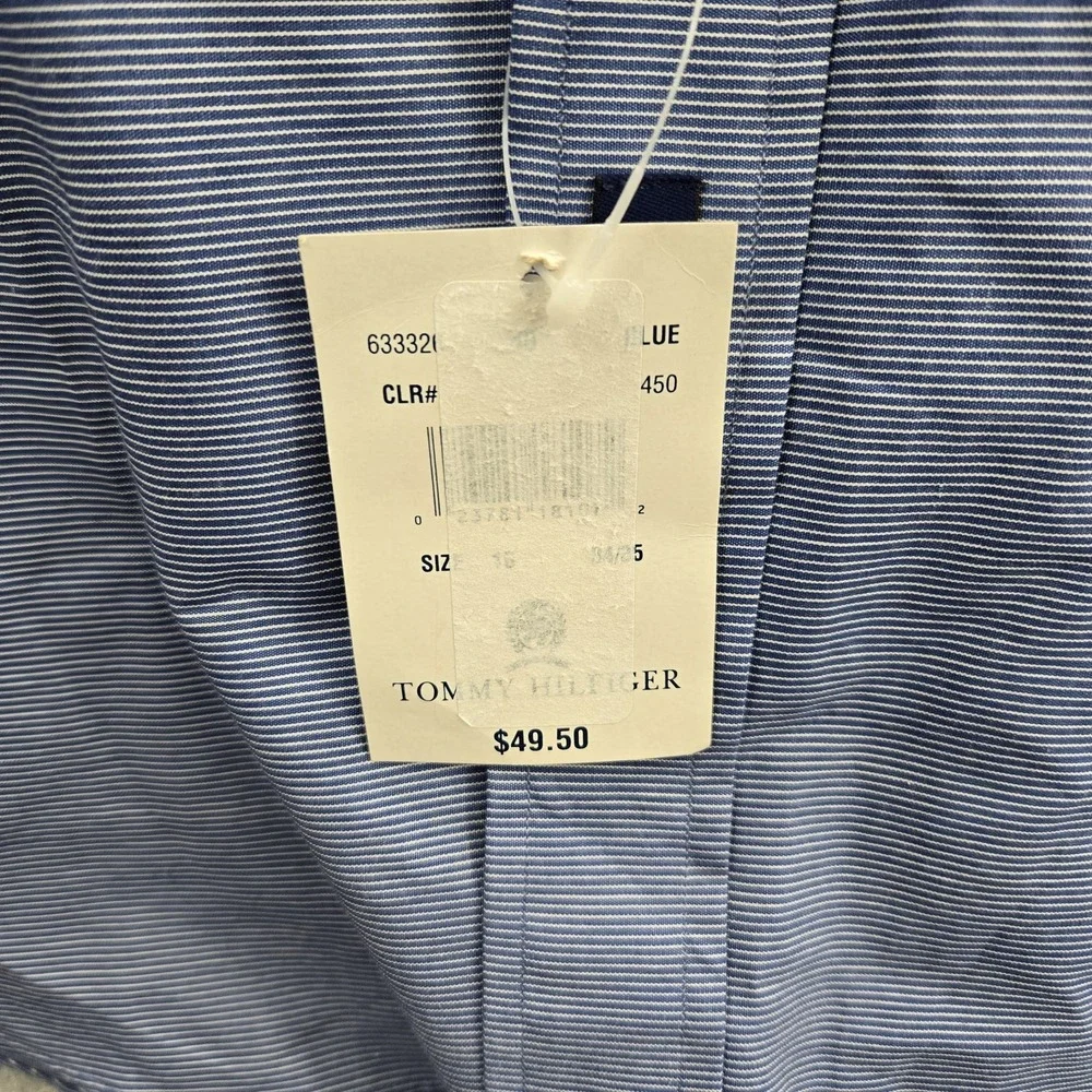 VINTAGE Tommy Hilfiger Men Button Up Shirt 16X34 Blue Embroidered Striped Crest